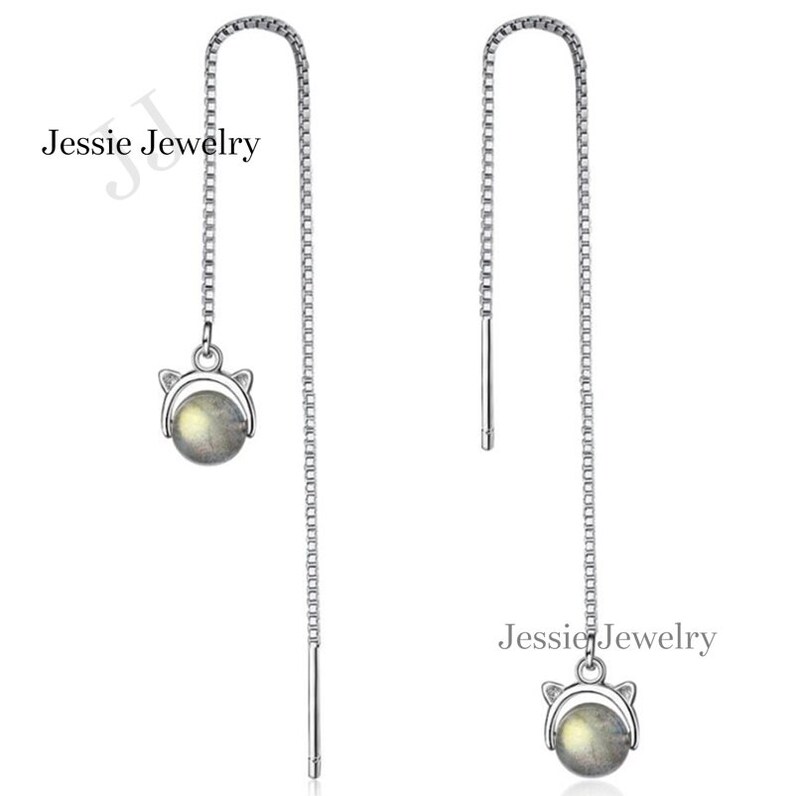 Cat Long Dangle Earring Gifts for Women Moonstone Crystal Sterling Silver 925 Push Back Crystal Silver Jewelry Gemstone