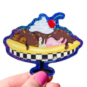 Sticker pour coupe glacée Fairydust Sparkle, banane fendue en vinyle, paillettes, scintillant, damiers, rétro