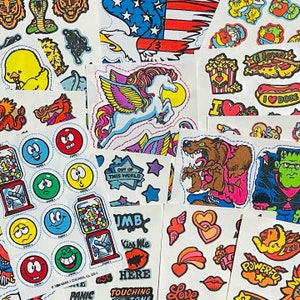Vintage Mark 1 Scented Scratch n &#39;Sniff Aufbügler und Haut Tattoos/Sticker aus den 1980er Jahren, Einhörner, Drachen, Essen, Tiere, Lustig
