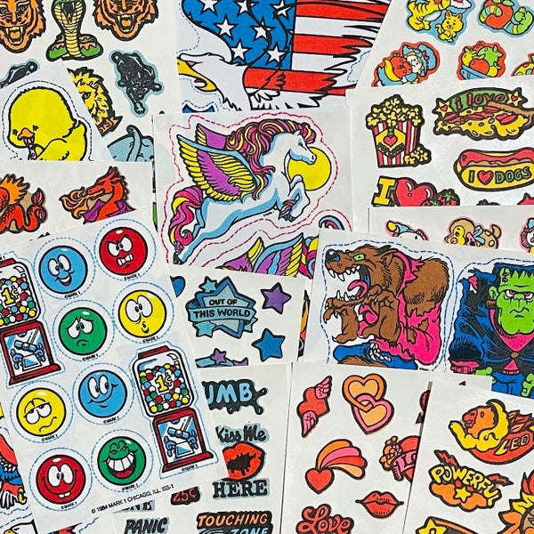 Vintage Mark 1 Scented Scratch n' Sniff Iron op stickers en huidtatoeages / stickers uit de jaren 1980, eenhoorns, draken, eten, dieren, grappig