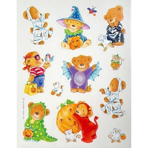 vintage Hallmark Teddy Bears et autres petits animaux en costumes d'Halloween Feuille d'autocollants, Trick or Treat