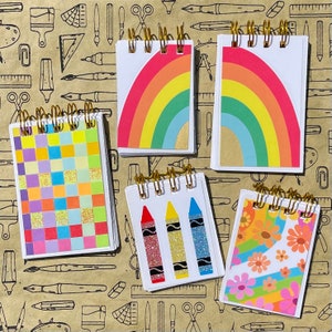 Handmade Rainbow Recycled Mini Sketchbooks, flowers, crayons, woven, stencils, stationary, sparkle