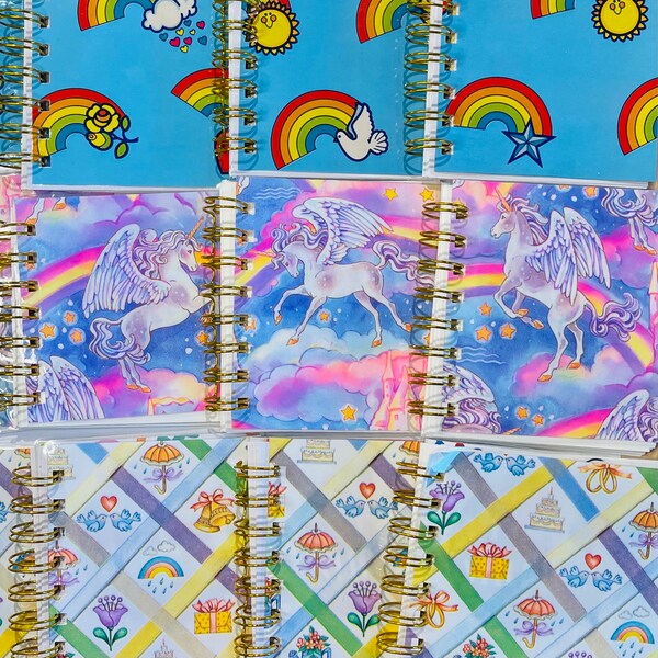 Vintage Wrapping Paper Sticker Albums, unicorn, pegasus, rainbow, ribbon, castle, clouds, hearts