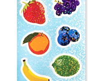 Holographisch Sparkle Fruits Mini-Stickerbogen, Vinyl-Sticker, Erdbeere, Trauben, Orange, Banane, Heidelbeeren, Limette