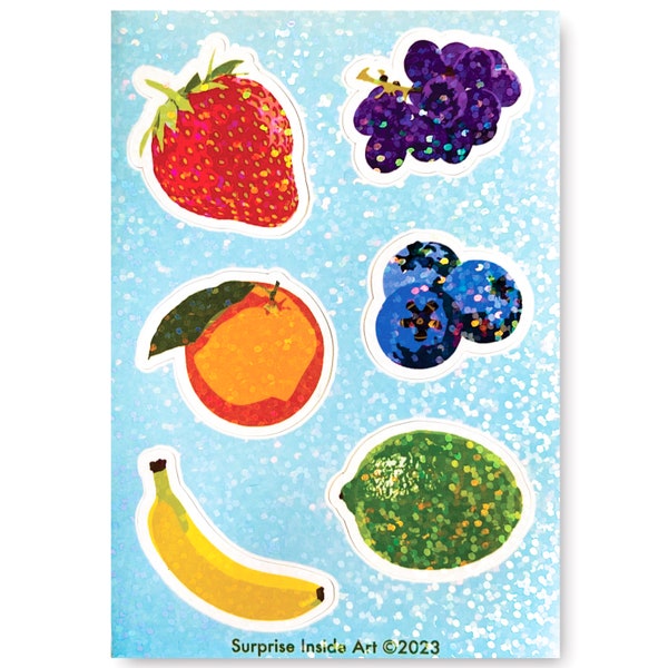 Holographic Sparkle Fruits Mini Sticker Sheet, Vinyl Stickers, Strawberry, Grapes, Orange, Banana, Blueberries, Lime