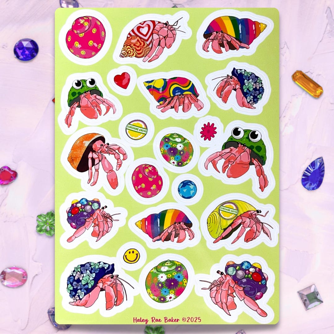 Bedazzled and Decorated Hermit Crabs Sticker Sheet, Vinyl, Rainbow ...