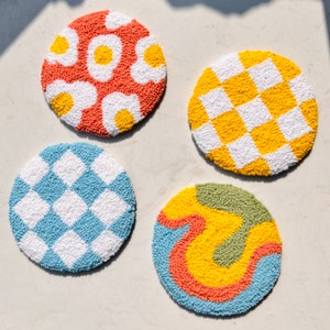 Checker Mug Rugs, Punch Needle Coasters, Drink Coaster, Mug Rug, Handmade Punch Needle Coasters, Christmas Gift, Coffee Table Decor
