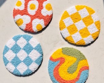 Handmade Punch Needle Coaster, Checker Mug Rug, Coffee Table Decor