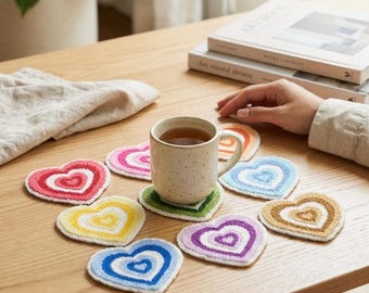 Punch Needle Mug Rug Handmade : Colorful Heart Shapes