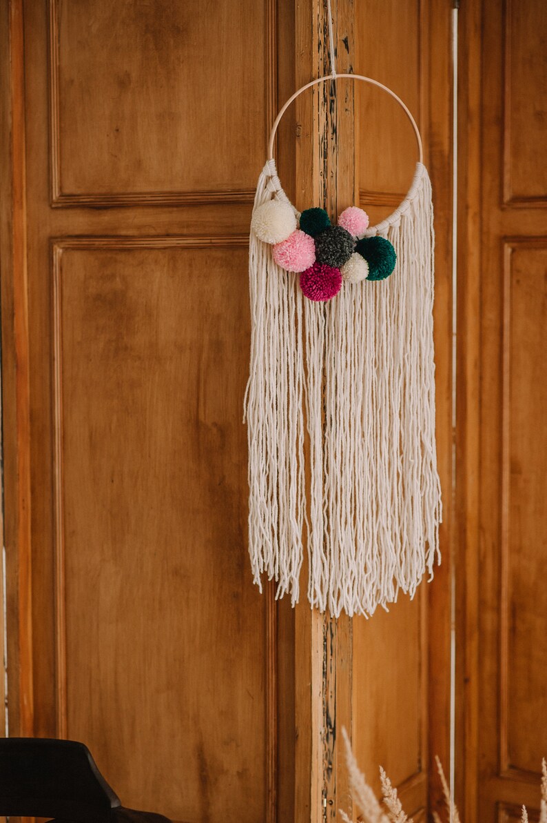 Wall Decor with pom poms Wool on Hoop Hanging Dream Etsy