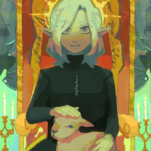 May include: A light-skinned elf with white hair and pink ears sits on a golden throne, holding a small, light-colored lamb in their lap. The elf is wearing a black tunic with a white collar and a gold halo above their head. The background is a vibrant mix of red, yellow, and green.