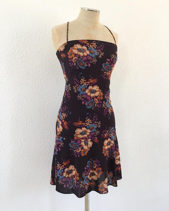 Vintage floral mini black dress, Black dress, Vint