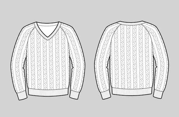 Cable knit sweater vector fashion flat sketch, Adobe Illustrator design, technical outline, flat drawing, digital clip art,eps,ai, jpg, png