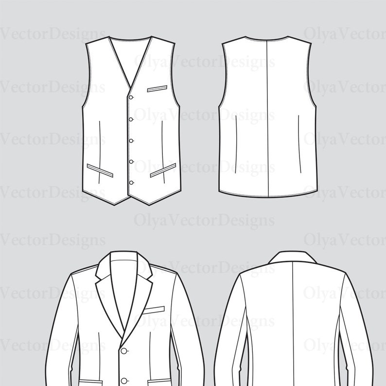 Jacket vest pants vector fashion flat sketch Adobe | Etsy