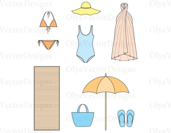 Beach Summer Clothes Accessories Vector Fashion Flat Sketch Etsy