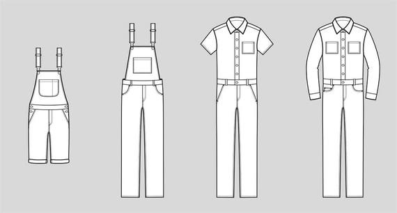 Jean overalls vector fashion flat sketch Adobe Illustrator | Etsy