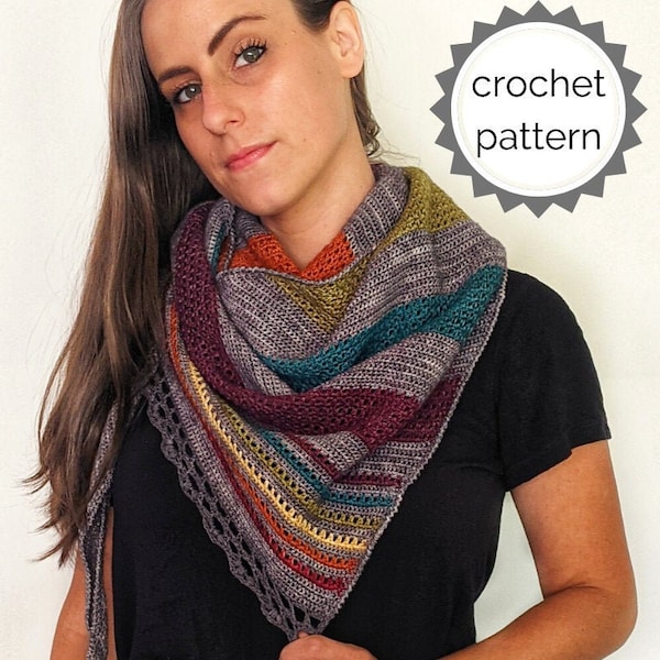 Rainbow Crochet Shawl PDF PATTERN | Graynbow Shawl | striped triangle shawl | asymmetrical triangle shawl |