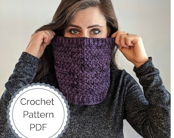 May include: A purple crochet cowl neck warmer. The crochet pattern is visible in the image. The text "Crochet Pattern PDF" is on a white circle with a gray border.