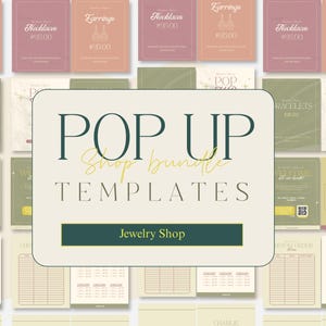 May include: A collection of jewelry shop templates with a cream background. The central design features the text "POP UP Shop bundle TEMPLATES" with "Jewelry Shop" below. Surrounding the central design are templates for earrings, necklaces, bracelets, and price lists.