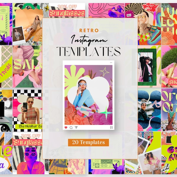 Può includere: Un collage di modelli Instagram retrò con colori vivaci e grafica audace. L'immagine centrale mostra una donna con occhiali da sole. Il testo include "Retro Instagram Templates", "20 Templates" e frasi promozionali come "Sale" e "New Arrivals".