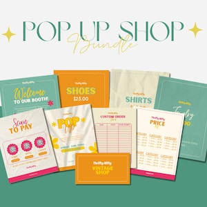 Vintage shopbundel, displaykit verkoperstand, rommelmarktborden afdrukbaar, kledingconfiguratie, prijslijst, QR-codebord, kit voor kleine bedrijven