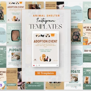 Pode incluir: Um conjunto de modelos do Instagram para um abrigo de animais, com vários layouts com imagens de cães e gatos. Os modelos incluem texto como "Adoption Event" e "Dog of the Week".