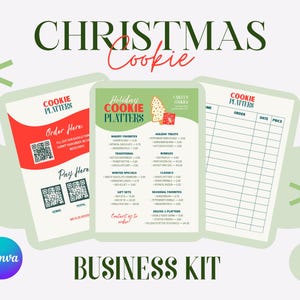 Puede incluir: Un kit de diseño para bandejas de galletas navideñas. El diseño incluye tres plantillas de menú con formularios de pedido, códigos QR y un logotipo de Canva. El texto incluye "Christmas Cookie" y "Business Kit".