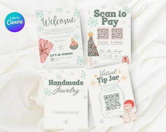 May include: Four holiday-themed cards with text and illustrations. The cards include "Welcome", "Scan to Pay", "Handmade Jewelry", and "Virtual Tip Jar". The "Scan to Pay" card shows QR codes for payment apps. The "Welcome" card has a gift and ornament illustration.