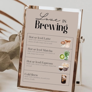 Love Is Brewing Coffee Menu | Modelo de menu | Modelo de menu para chá de panela | Menu para impressão | Modelo Canva |