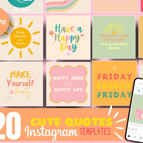 20 Colorful Bold Instagram Happy Quotes Canva Template | Bright and Colorful Instagram Quote Template