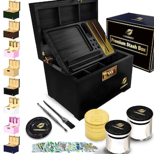 Large Bzz Box bamboo Stash Box With Lock, Rolling Tray, and 3