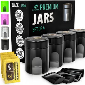 Premium Glass Stash Jar Storage Jars Airtight Jars 120/180ml with 69% Humidity Control 4 Packs UV Air Tight Stash Jars Child-Resistant Lid