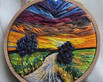 Landscape Embroidery Art – Colorful Sunset Road