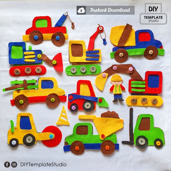 PDF DOWNLOAD - Felt Pattern for Story Board, Garland or Decorations – Construction Trucks Set - 10 Vehicles, Worker and Material