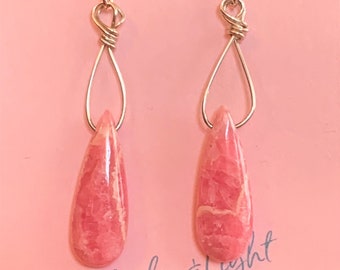 AAA Rhodochrosite 14kg fill Linked Drop Earrings... Pink Sapphire