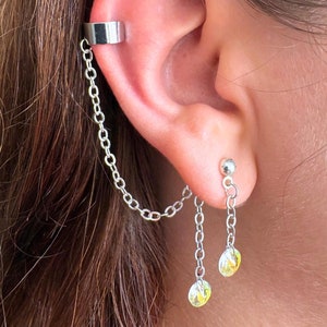 Silver ear cuff with Swarovski crystals | Ear jacket with stud and chain | Ear cuff with dangle | Unusual handmade earrings | UK shop