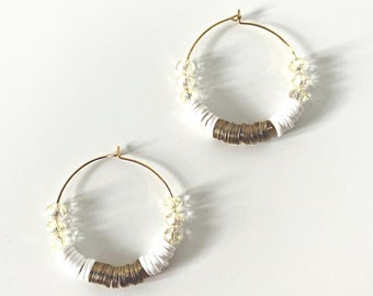 Heishi bead hoop earrings | Mixed material earrings | White and gold bead earrings | Three tone earrings | Affordable earrings | UK seller