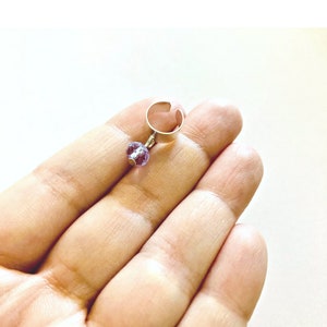 Silver tone ear cuff with purple glass bead | No piercing earring | Tiny ear jacket | Ear wrap with dangle | Gift under 5 pounds | UK seller