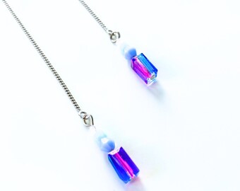 Ear threader earrings | Threader chain earrings | Purple and blue thread earrings | Dainty earrings | Two tone jewelry | Glass bead earrings