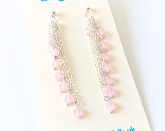 Pale pink cascade earrings | Waterfall earrings with pink crystal beads | Long silver chain earrings | Chandelier earrings with glass beads