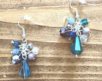 Cluster drop earrings with crystal beads | Purple, green and blue glass bead earrings | Unusual handmade earrings | Silver plated jewellery