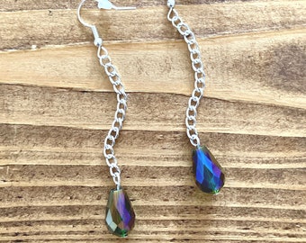 Long dark green earrings | Chunky chain earrings | Bottle green glass bead earrings | Silver plated earrings with teardrop crystal beads