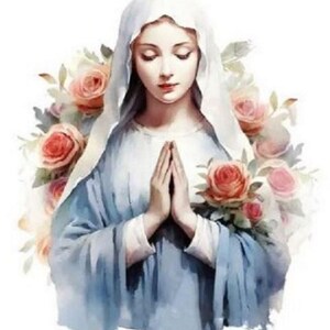 May include: A depiction of a figure with closed eyes and hands pressed together in prayer, wearing a white head covering and a blue garment. The figure is surrounded by a cluster of soft pink and peach-colored roses with green leaves.