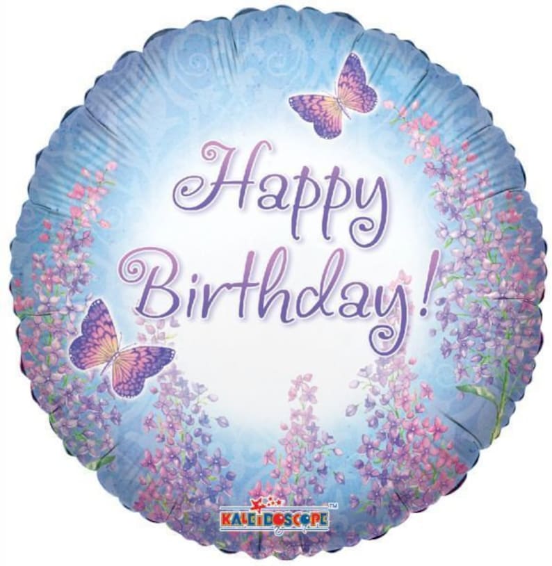 May include: A blue and purple foil balloon with a floral design and butterflies. The balloon says "Happy Birthday!" in purple lettering.