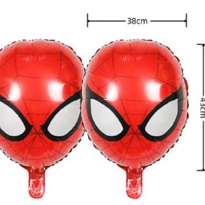 May include: Two red and black foil balloons shaped like Spiderman's head. Each balloon is 38 cm wide and 43 cm tall.
