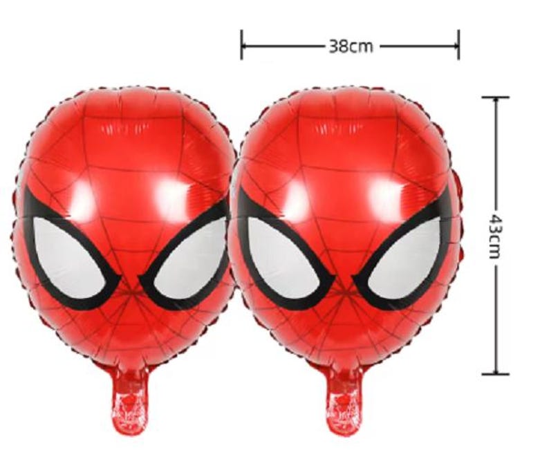 May include: Two red and black foil balloons shaped like Spiderman's head. Each balloon is 38 cm wide and 43 cm tall.
