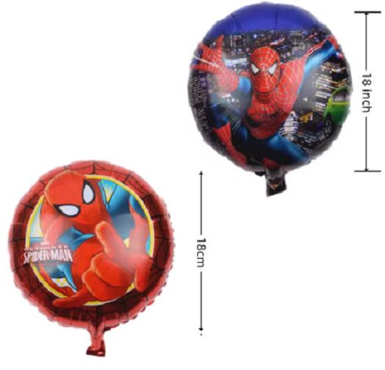 May include: Two red and blue foil balloons featuring Spider-Man. The balloons are 18 inches in diameter.