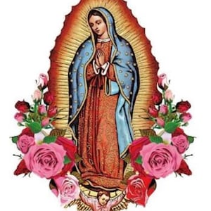 May include: A religious image of the Virgin Mary, also known as Our Lady of Guadalupe, depicted in a blue and red robe with a golden halo. She is surrounded by pink roses and a white background.