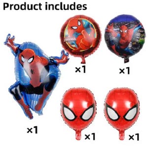 May include: A set of five red and blue foil balloons featuring Spiderman. The balloons include a Spiderman character in a blue and red suit, a Spiderman character in a red suit, and two Spiderman masks.