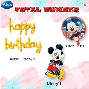 Może przedstawiać: Zestaw balon&oacute;w imprezowych z motywem Disneya zawierający złoty napis Happy Birthday z balon&oacute;w foliowych, okrągły balon foliowy z Myszką Miki oraz balon foliowy w kształcie całej postaci Myszki Miki. Na g&oacute;rze widnieje napis TOTAL NUMBER.
